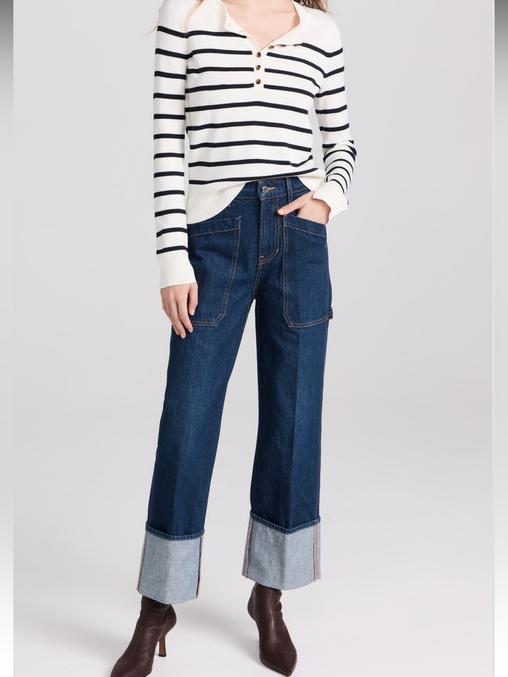 Veronica Beard Dylan High Rise Straight Leg Jean Full Length Wide Cuff hem - Picture 5 of 16